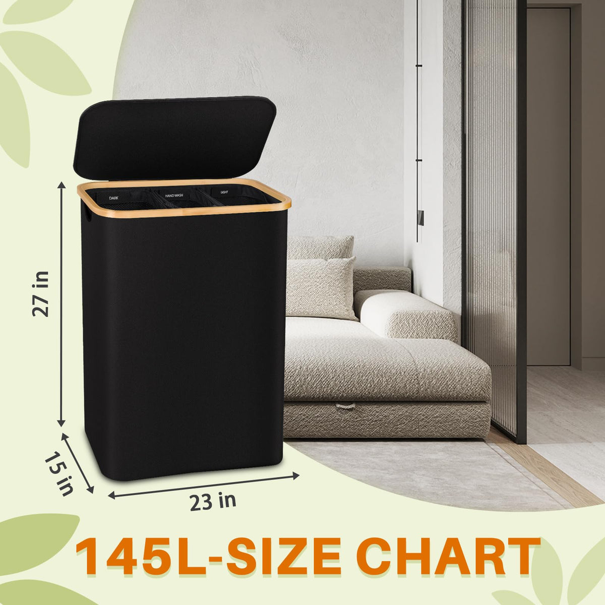 Black 145L Large CapacityFoldable Divided Laundry Hamper / Storage Basket
