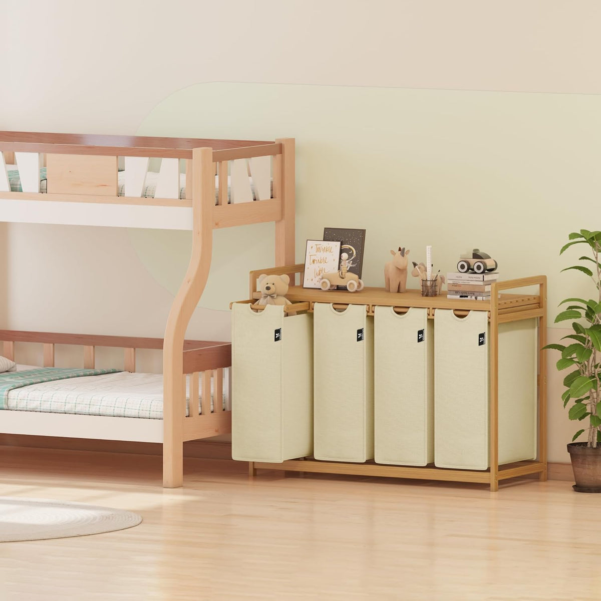 Beige Single-Tier 4-Drawer Bamboo Storage Unit, Laundry Hamper & Organizer