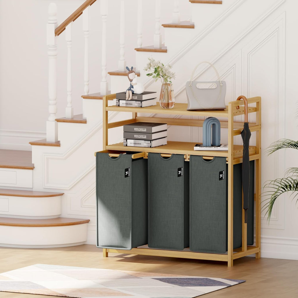 GreyTwo-Tier Bamboo Laundry Hamper & Storage Basket with Three Drawers