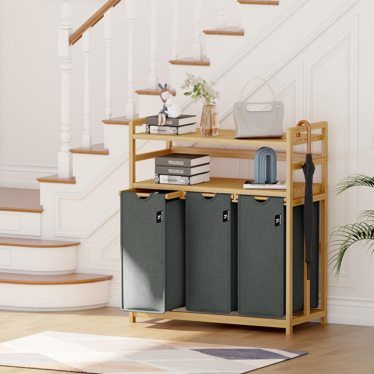 GreyTwo-Tier Bamboo Laundry Hamper & Storage Basket with Three Drawers