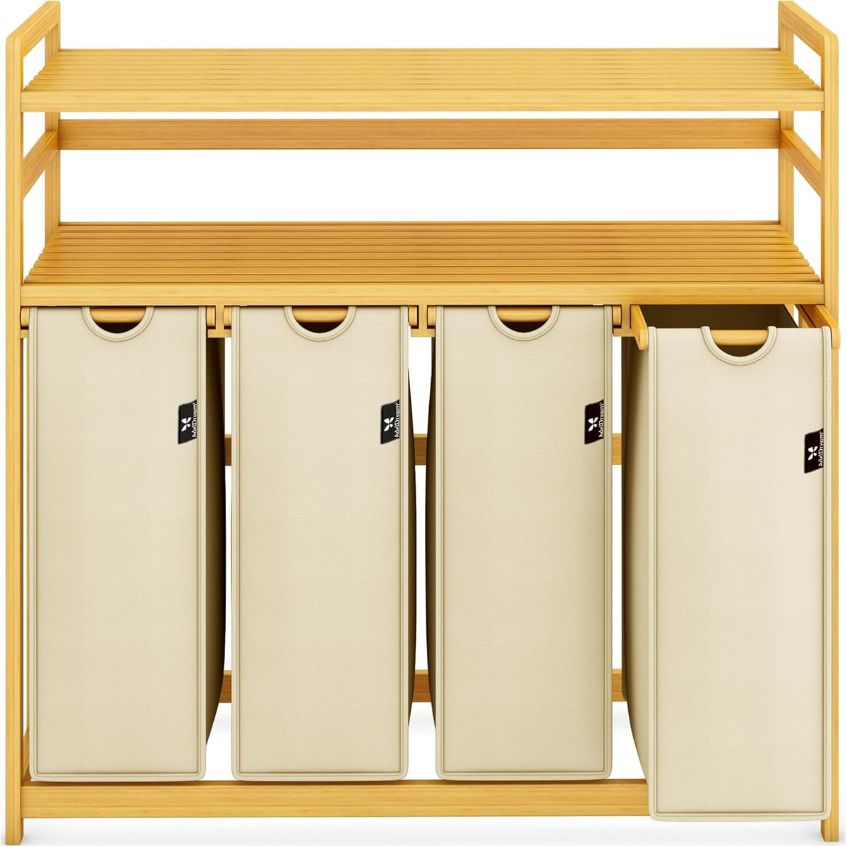 Beige Two-Tier Bamboo Storage Rack with Four Drawers and Laundry Baskets