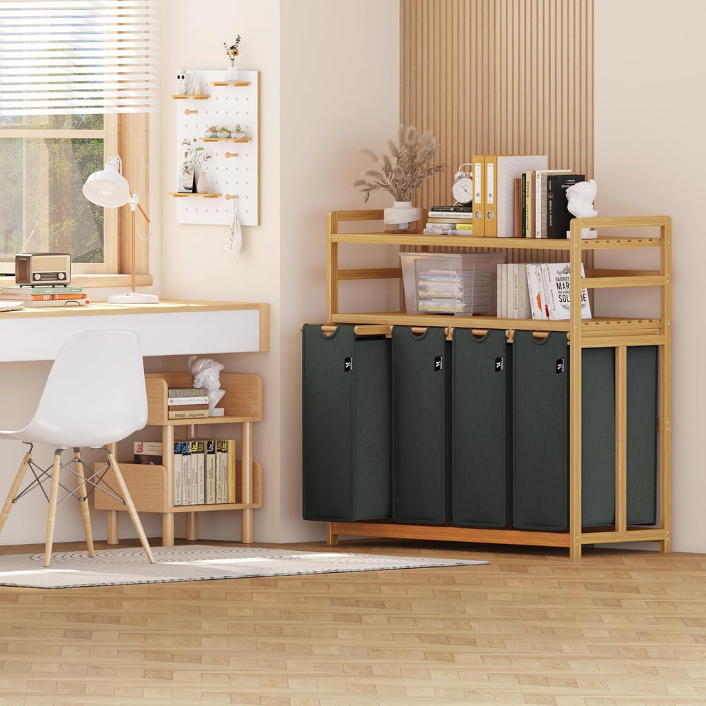 Grey Two-Tier Bamboo Storage Rack with Four Drawers and Laundry Baskets
