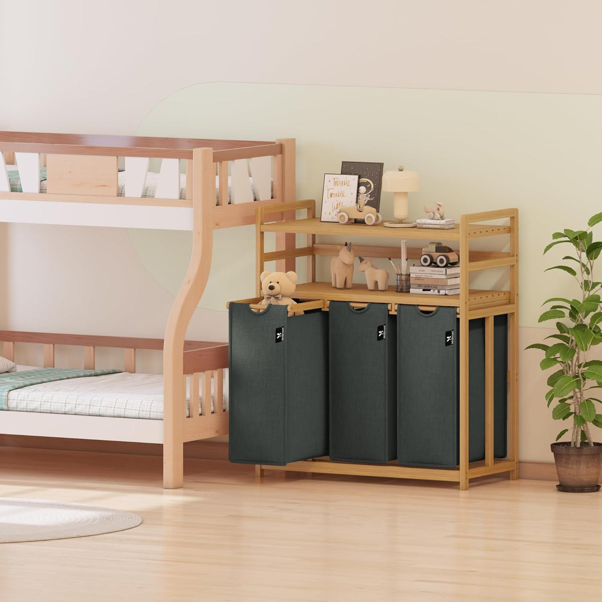 GreyTwo-Tier Bamboo Laundry Hamper & Storage Basket with Three Drawers