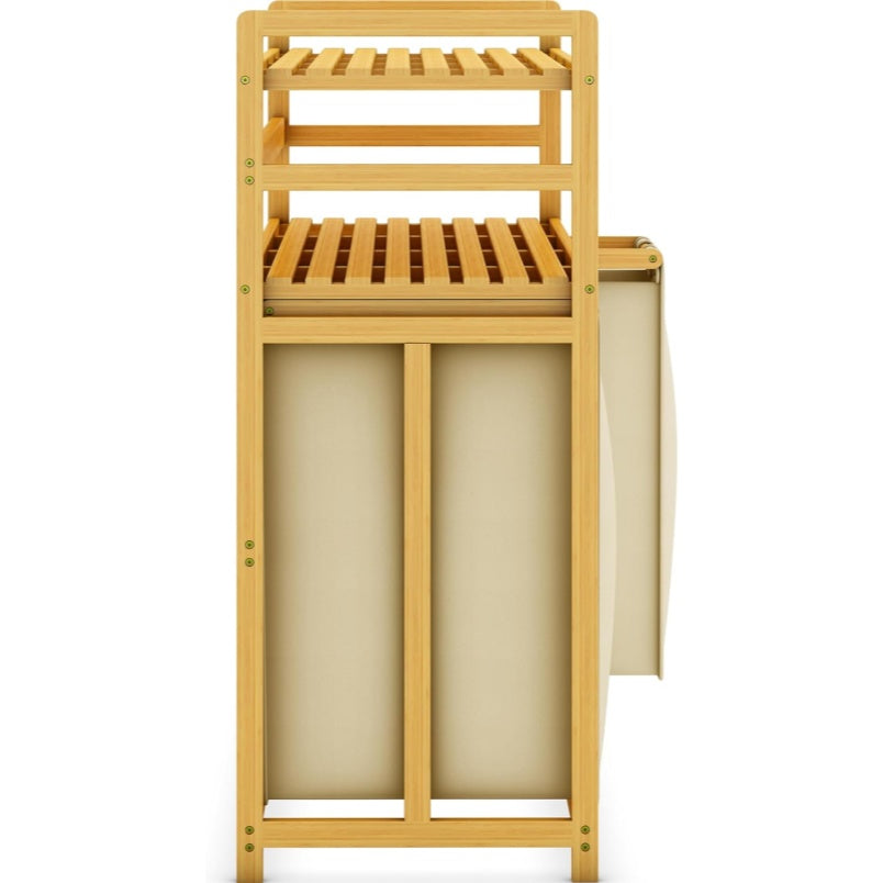 Beige Two-Tier Bamboo Storage Rack with Four Drawers and Laundry Baskets