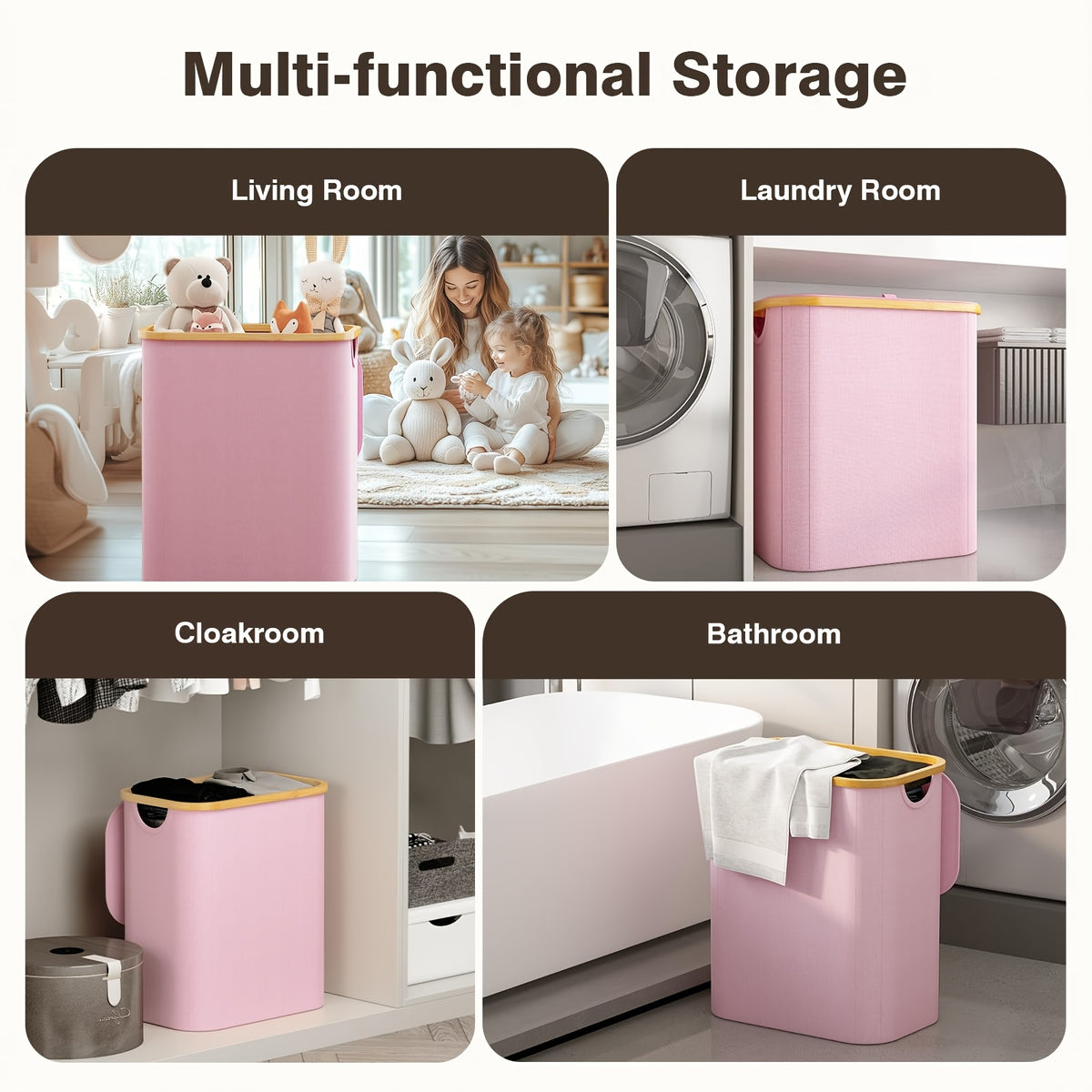 Pink 160L Dual-Handle Foldable Classified Laundry & Storage Basket