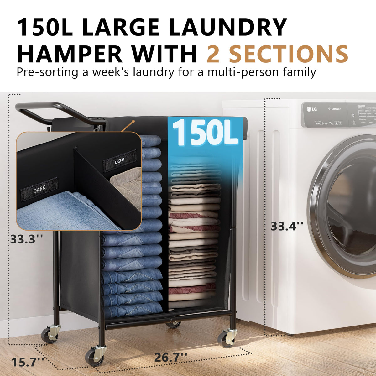 Black 150L Extra-Large Capacity Wheeled Laundry Basket