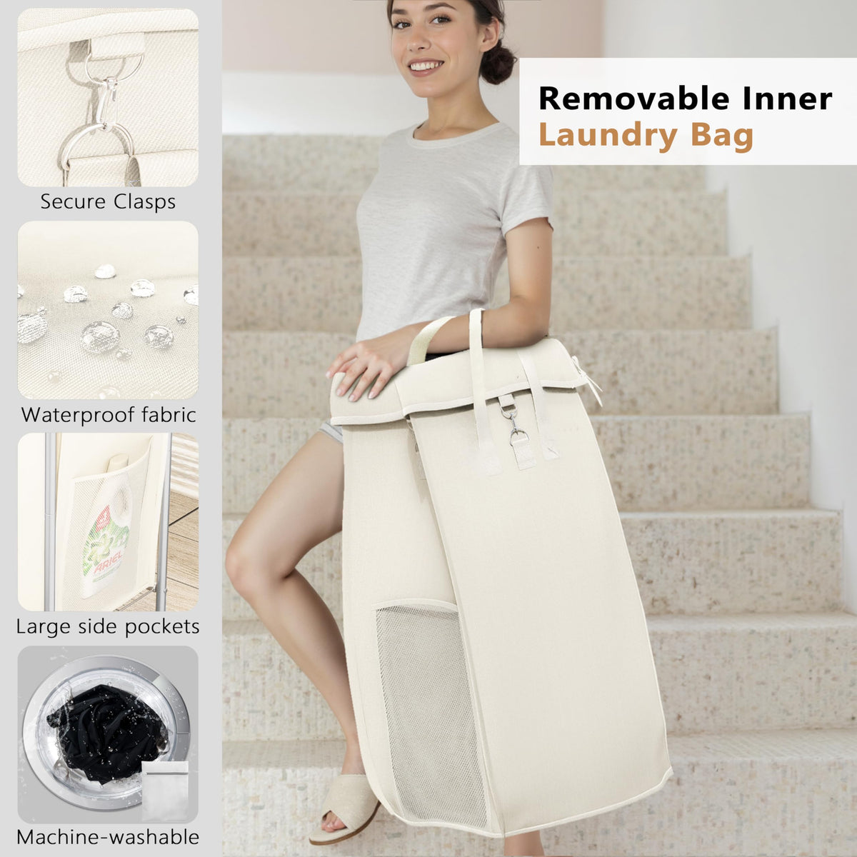Beige 110L Large Capacity Wheeled Laundry Basket